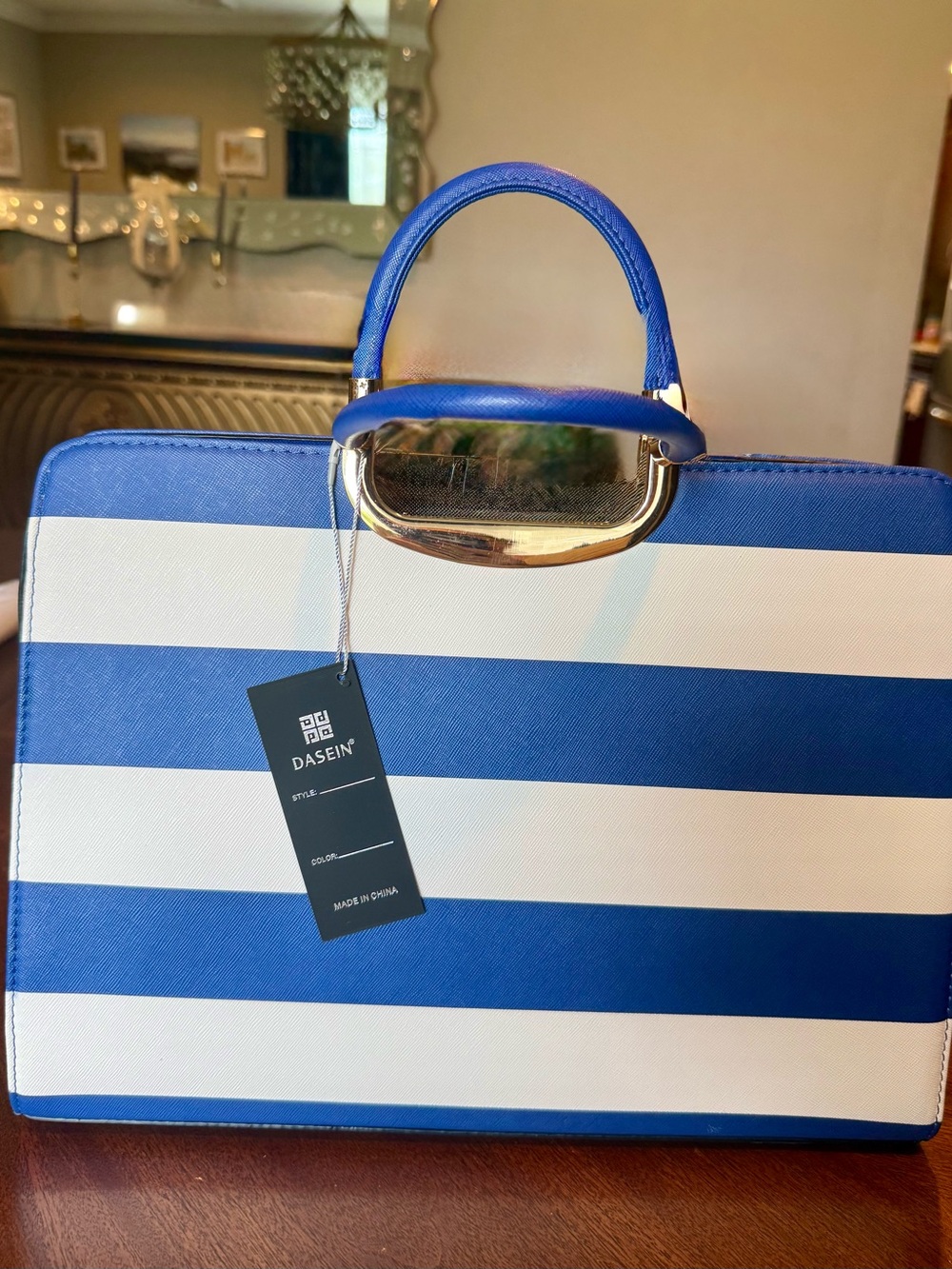 DASEIN Blue and White Striped Top-Handle Satchel with Wallet